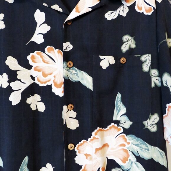 Island Republic 100% Silk Short Sleeve Button Down Hawaiian Black Floral Large - Picture 2 of 9